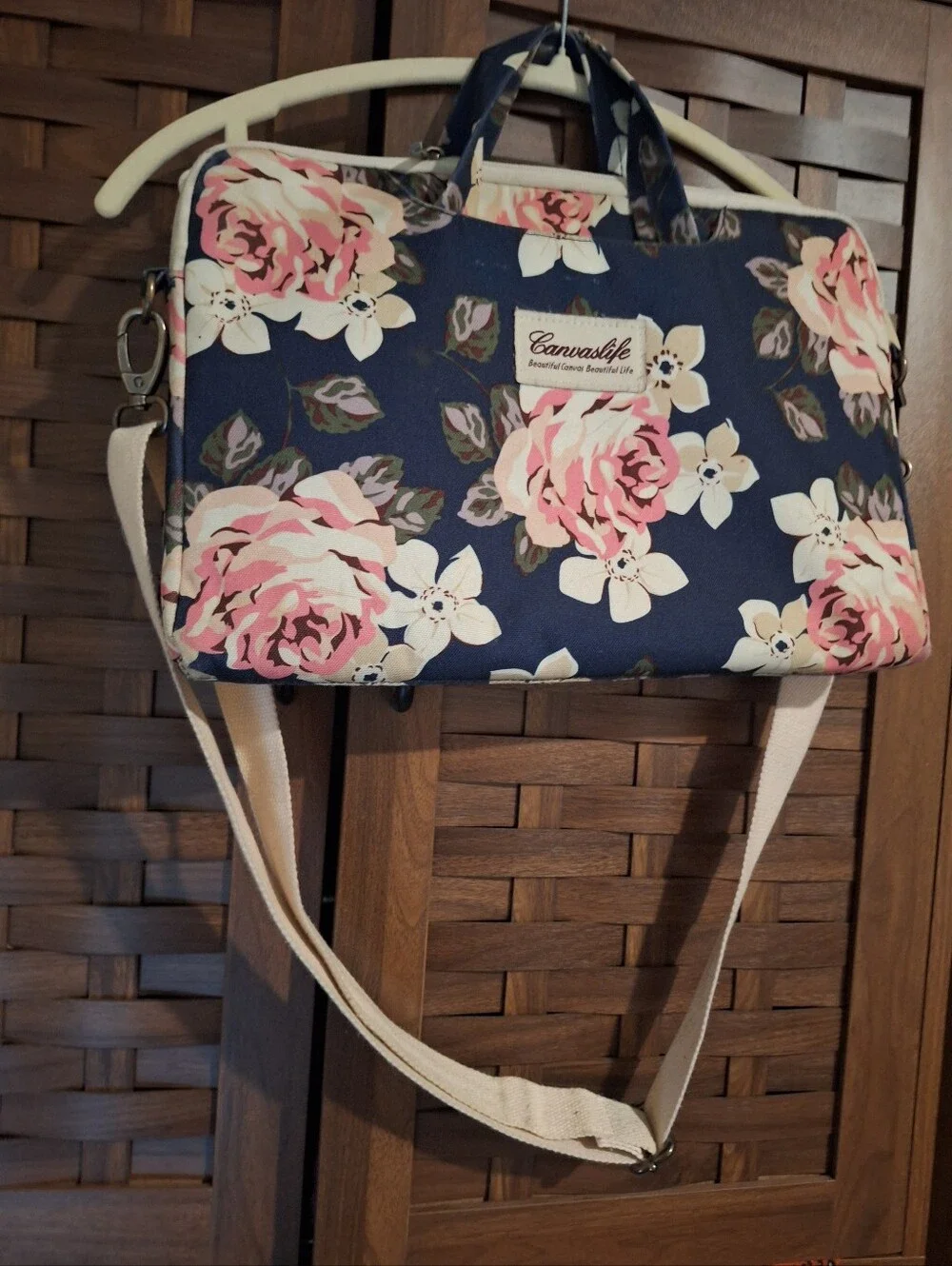 Laptop Messenger Bag Navy Floral Crossbody Bag with Pink Roses
